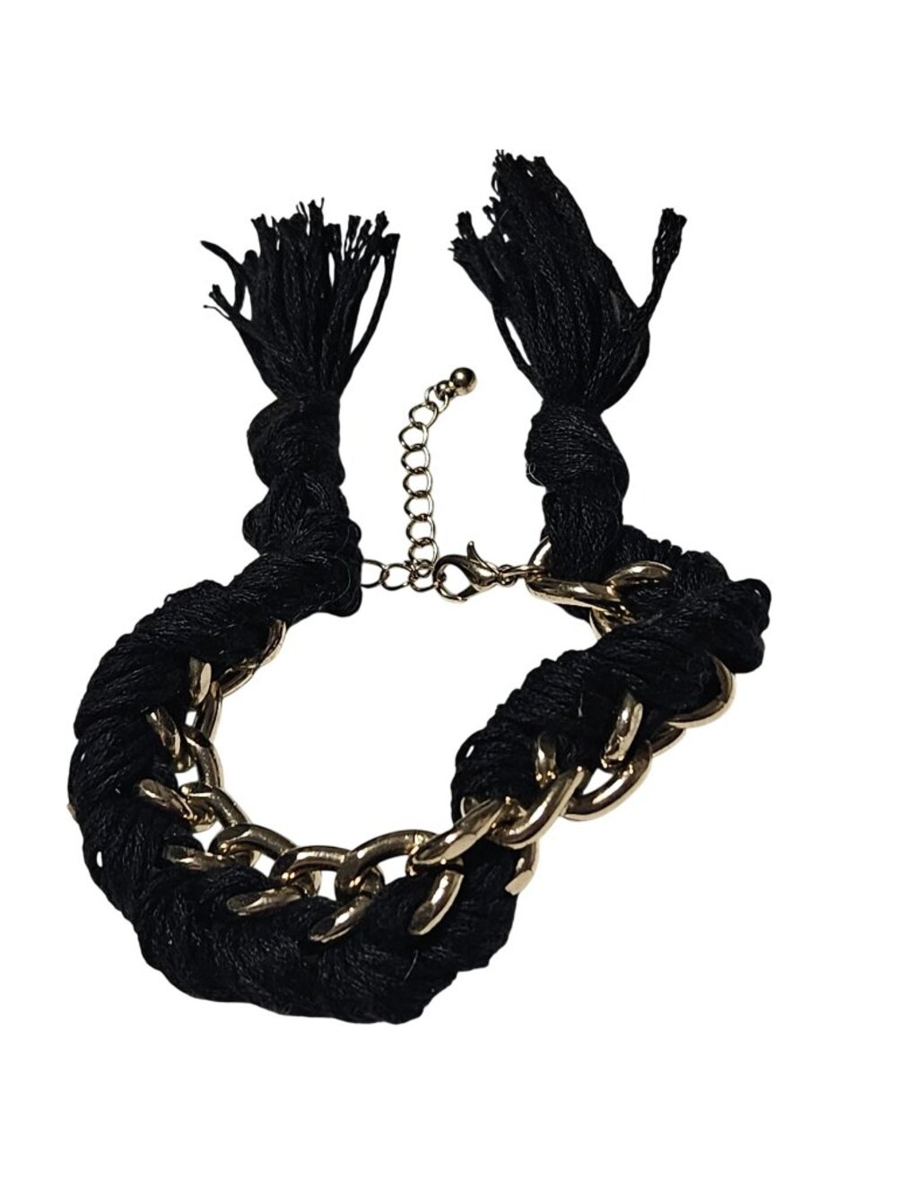 Streetwear Bracelet Black Braided Rope Gold Tone Chain Tassel Ends Boho Jewelry